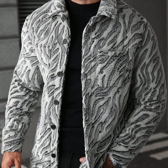 Multicolor Casual Men's Zebra Print Fleece Jacket - Picture 8 of 8